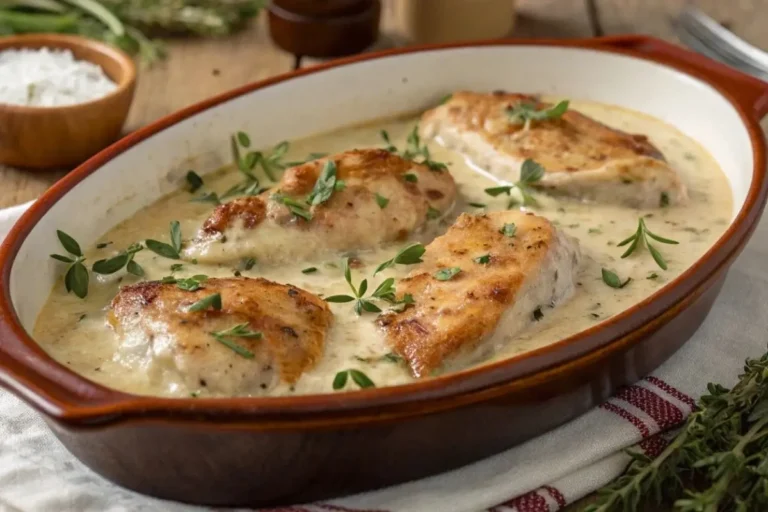 Poulet à la crème façon grand-mère servi dans un plat rustique avec une sauce crémeuse et des herbes fraîches sur une table en bois.