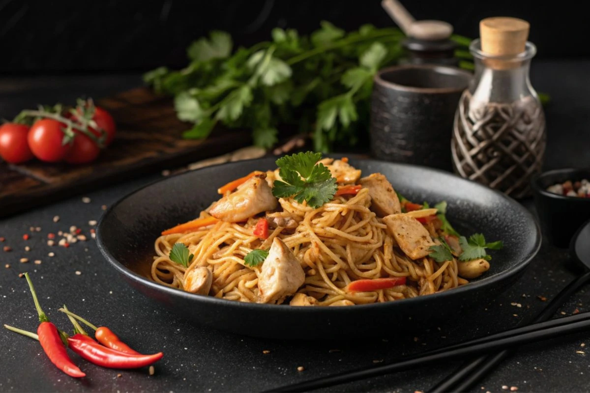 Plat de nouilles sautées au poulet avec légumes colorés dans un bol élégant.