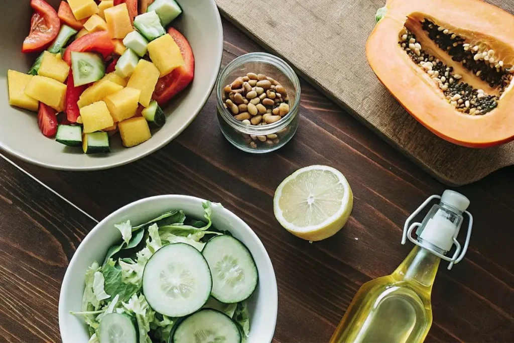 Vue aérienne d'une table avec les ingrédients de la Salade Marco Polo : tranches de mangue, papaye, concombre, et un bol de vinaigrette maison.