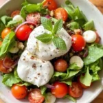 Une salade burrata fraîchement préparée avec du fromage burrata crémeux, des tomates cerises juteuses, des feuilles de basilic frais et un filet d'huile d'olive, servie sur une assiette blanche.