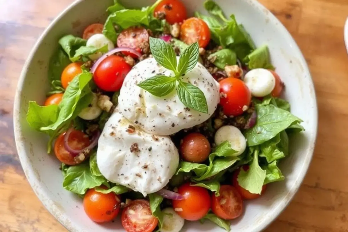 Une salade burrata fraîchement préparée avec du fromage burrata crémeux, des tomates cerises juteuses, des feuilles de basilic frais et un filet d'huile d'olive, servie sur une assiette blanche.