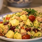 Un plat vibrant de salade de pommes de terre au thon, garni d'oignons rouges et de persil frais, servi avec une vinaigrette légère.