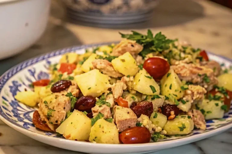 Un plat vibrant de salade de pommes de terre au thon, garni d'oignons rouges et de persil frais, servi avec une vinaigrette légère.