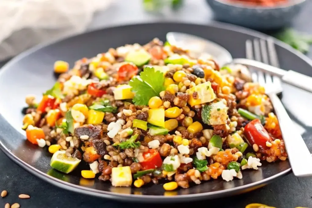 Salade mexicaine colorée avec avocat, maïs, haricots rouges, poivrons et vinaigrette maison sur une table noire.