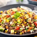Salade mexicaine colorée avec avocat, maïs, haricots rouges, poivrons et vinaigrette maison sur une table noire.