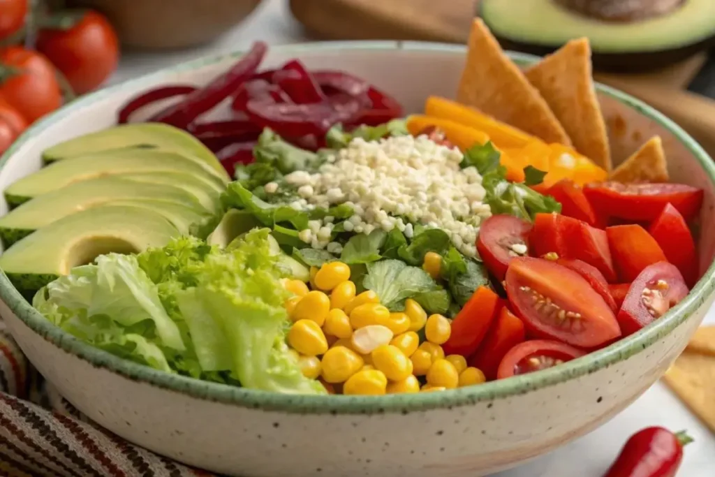 Ingrédients frais pour une salade mexicaine : tomates, avocat, poivrons, maïs et haricots rouges sur une planche de bois.