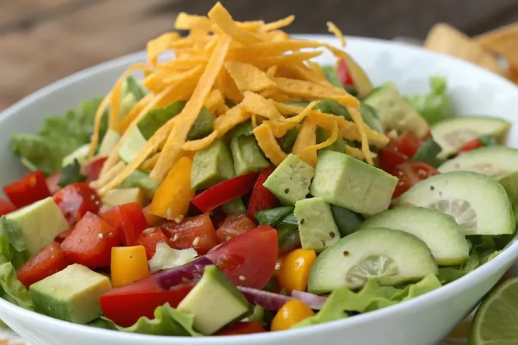 Salade mexicaine fraîche avec légumes croquants, crevettes grillées, et garnie de coriandre fraîche.