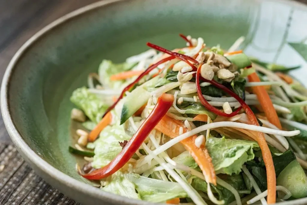 Préparation d'une salade thaï, mélange de légumes croquants, herbes fraîches et sauce thaïlandaise.