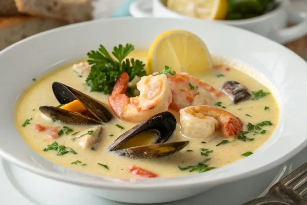 Soupe de poisson crémeuse garnie de crevettes, moules, et herbes fraîches, servie dans un bol élégant.