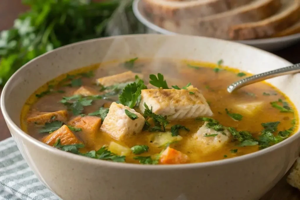 Soupe de poisson légère avec un bouillon maison doré, agrémentée de légumes et d'épices, servie avec des croûtons dorés.