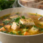 Soupe de poisson légère avec un bouillon maison doré, agrémentée de légumes et d'épices, servie avec des croûtons dorés.