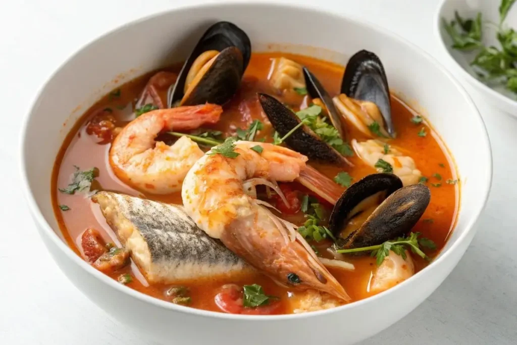 Soupe méditerranéenne colorée avec poisson, crevettes, moules, et fenouil, décorée avec des zestes de citron et des feuilles de basilic.