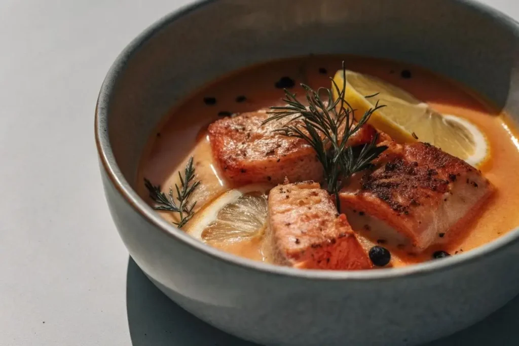 Soupe de poisson onctueuse avec crème fraîche et zeste de citron, servie avec une rondelle de citron et des herbes fraîches.