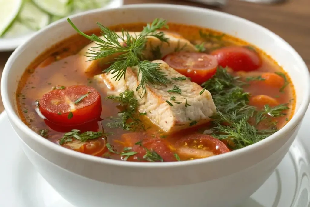 Soupe de poisson rouge vif aux tomates fraîches, herbes aromatiques et morceaux de poisson tendre, servie dans un bol blanc.