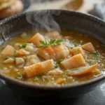 Bol de soupe de poisson fumante avec morceaux de poisson frais, servi avec du pain grillé sur une table rustique.