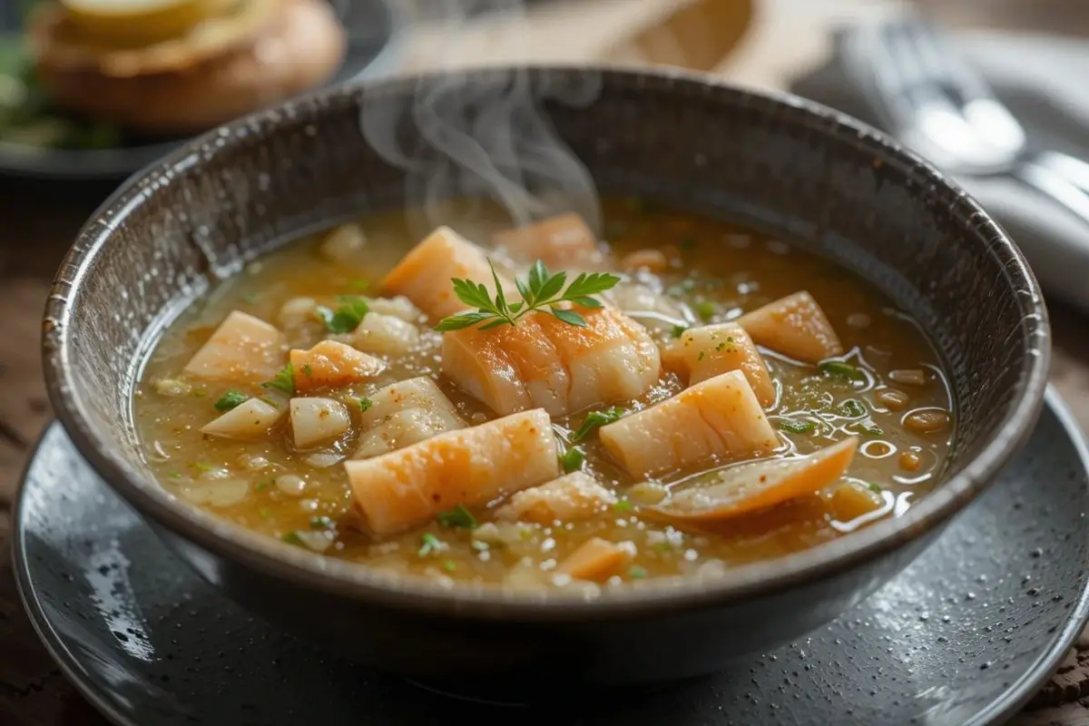 Bol de soupe de poisson fumante avec morceaux de poisson frais, servi avec du pain grillé sur une table rustique.