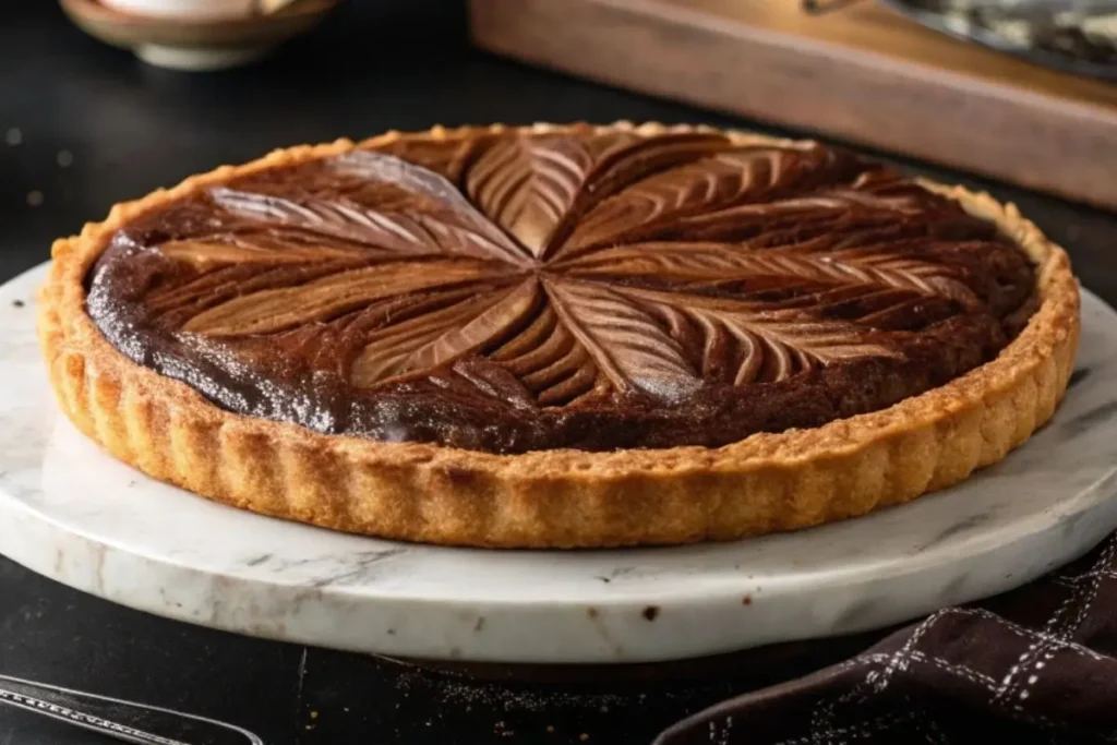 Galette des rois chocolat garnie de fruits secs comme des noisettes et amandes pour plus de texture.