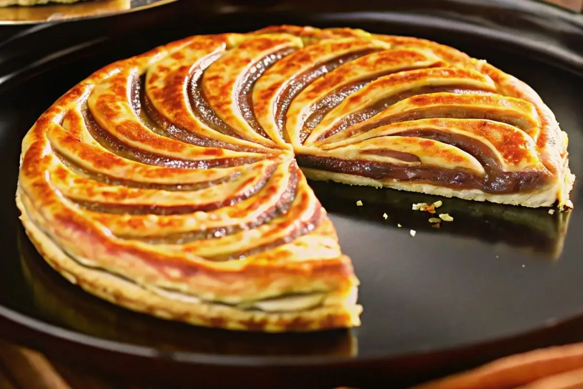 Galette des rois chocolat dorée et croustillante sur une table décorée, prête à être servie.