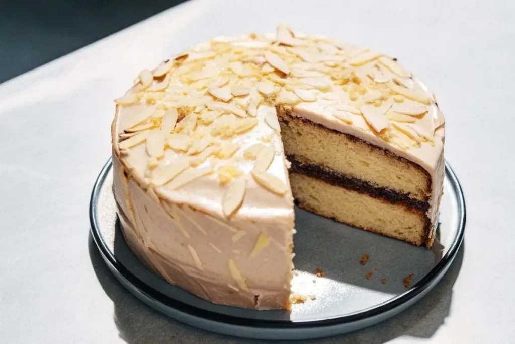 Gâteau citron yaourt vegan, sans œufs ni lactose, décoré de fruits frais et de sucre glace.