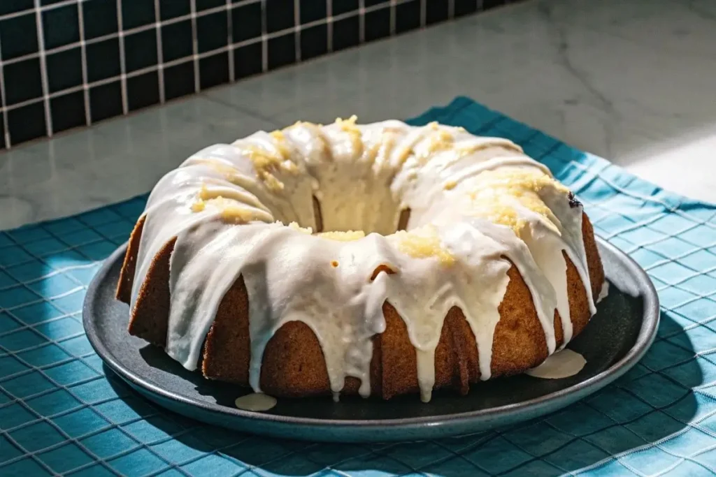 Gâteau citron yaourt glacé avec un glaçage brillant au citron, garni de tranches de citron et de zestes.