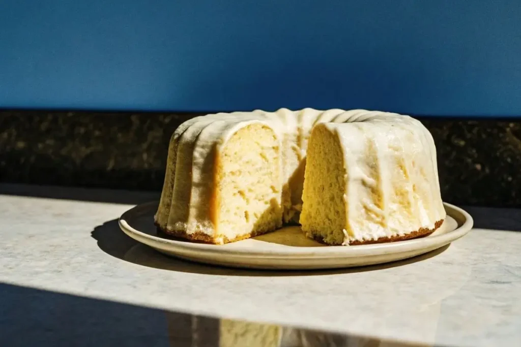 Gâteau citron yaourt vegan, sans œufs ni lactose, décoré de fruits frais et de sucre glace.