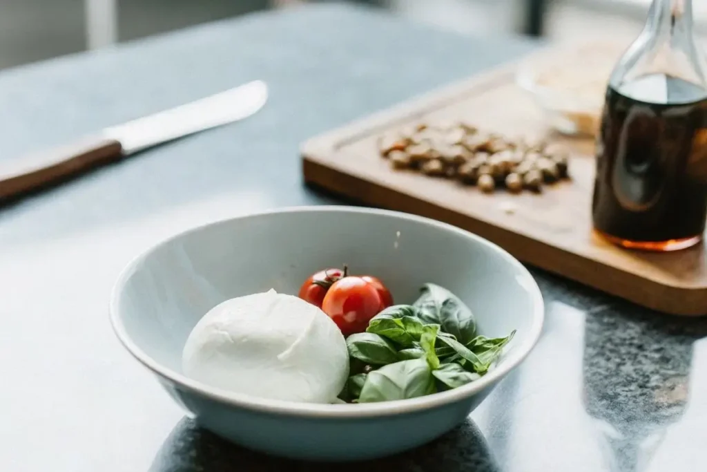 Un arrangement soigné des ingrédients frais pour une salade burrata : fromage burrata, tomates, feuilles de basilic, pignons de pin, huile d'olive et vinaigre balsamique.