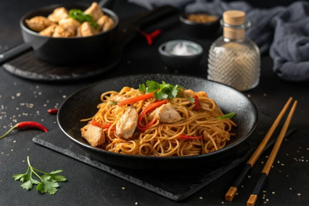 Wok rempli de nouilles sautées au poulet, légumes croquants et graines de sésame.