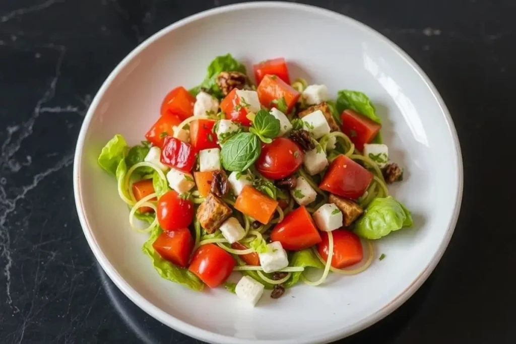 Une salade burrata colorée composée de fromage burrata crémeux, de figues sucrées, de roquette et d'une touche de réduction balsamique, présentée sur un plat en bois rustique.