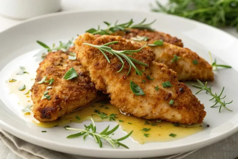 Aiguillettes de poulet au four croustillantes avec des herbes fraîches sur une assiette Blanches, dorées et parfaitement cuites.