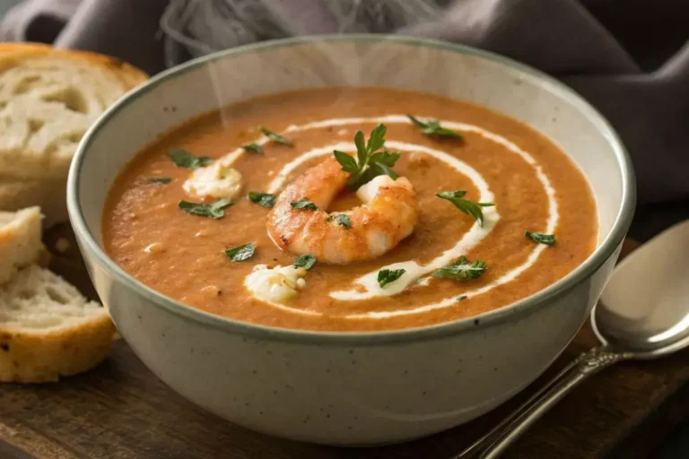 Un bol de bisque de crevettes crémeuse, garni d’un filet de crème et d’herbes fraîches, accompagné de pain croustillant sur une table rustique.