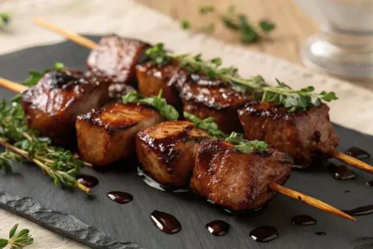 Brochettes magrets de canard grillées, caramélisées et servies sur une assiette en ardoise avec un filet de sauce et des herbes fraîches.
