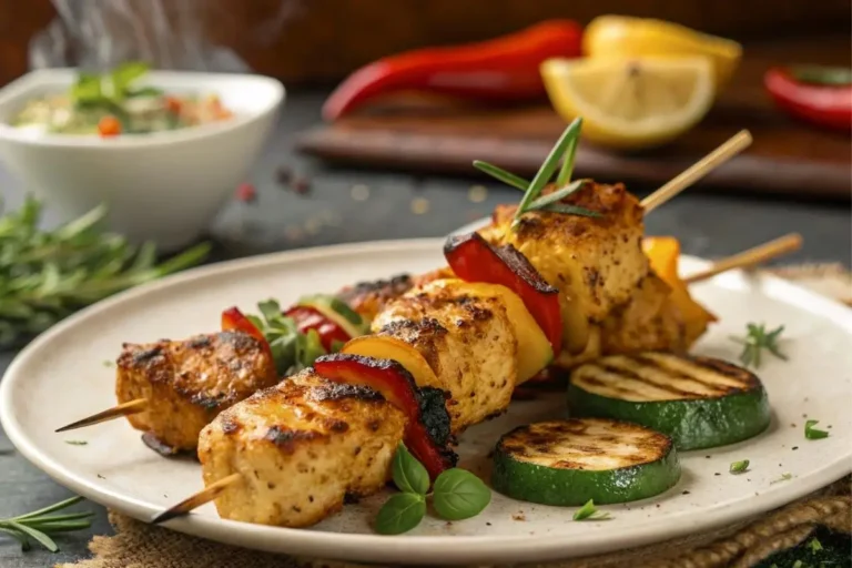 Brochettes de poulet grillées avec une croûte dorée et croustillante, servies avec des légumes grillés colorés comme des poivrons et des courgettes sur une assiette en bois rustique.