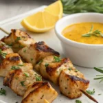 Brochettes de poulet juteuses marinées dans une marinade au citron et aux herbes, servies avec une sauce dip acidulée et décorées de herbes fraîches comme le romarin et le thym.