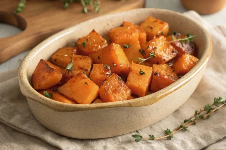Plat en céramique rempli de morceaux de butternut au four, dorés et caramélisés, avec des herbes fraîches et une pincée de fleur de sel.