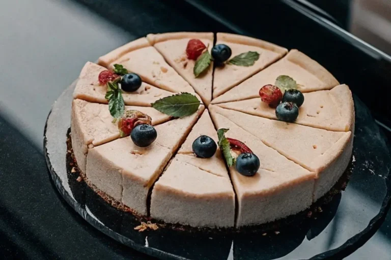 Cheesecake Philadelphia crémeux, décoré de fruits rouges et de menthe, présenté sur une assiette noire élégante avec un fond sombre.
