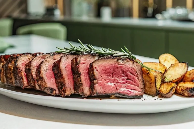 Cuisiner une côte de bœuf au four : côte de bœuf tranchée en morceaux juteux et accompagnée de légumes grillés, présentée sur une assiette élégante.