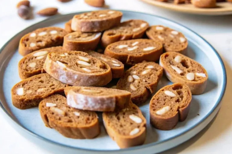 Assiette de croquants aux amandes dorés et croustillants, empilés sur une planche en bois, avec quelques miettes et une tasse de café en arrière-plan.