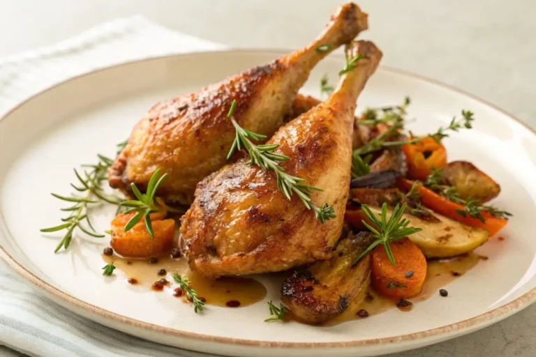 Cuisses de pintades dorées et rôties au four, garnies d'herbes fraîches comme du thym et du romarin, accompagnées de légumes rôtis et d'une sauce légère sur une assiette blanche.