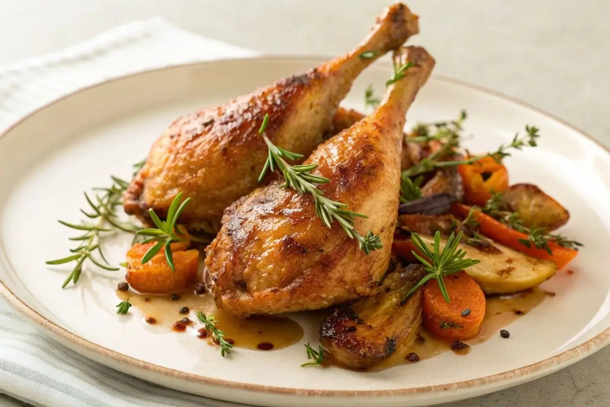 Cuisses de pintades dorées et rôties au four, garnies d'herbes fraîches comme du thym et du romarin, accompagnées de légumes rôtis et d'une sauce légère sur une assiette blanche.