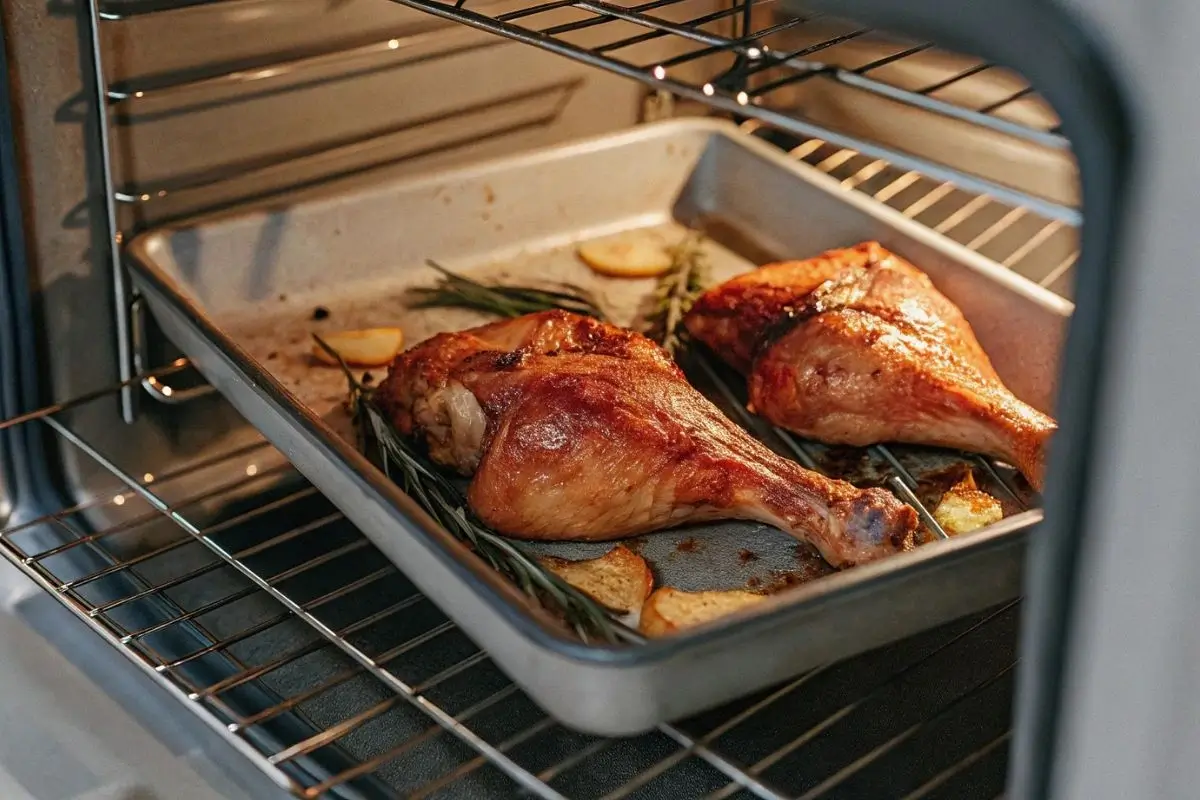 Cuisses de pintades en train de rôtir dans un four, dorant dans un plat de cuisson avec de l'ail, des brins de romarin et des tranches de citron, avec une légère brillance d'huile d'olive.