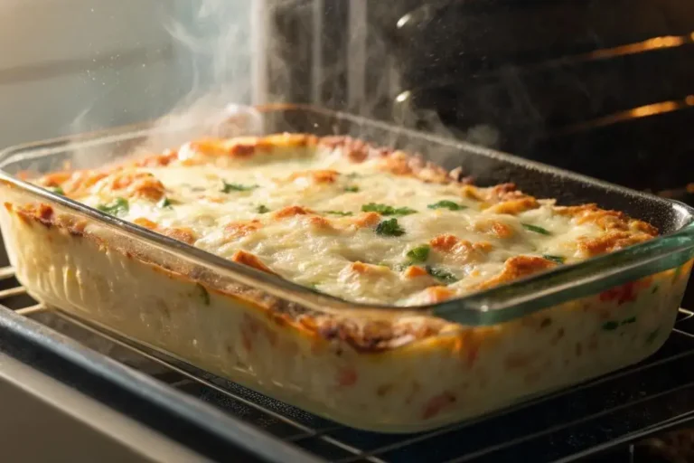 Lasagne aux fruits de mer en train de cuire dans un four, avec une croûte dorée et du fromage fondant, légèrement gratiné sous l'effet de la chaleur.