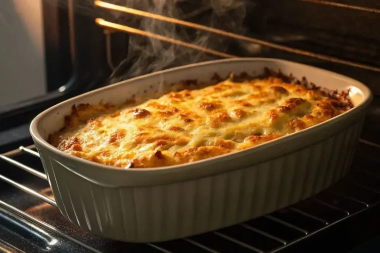 Un plat de hachis parmentier patate douce en train de gratiner au four, avec une croûte dorée et légèrement croustillante, et de la vapeur s’échappant du plat.