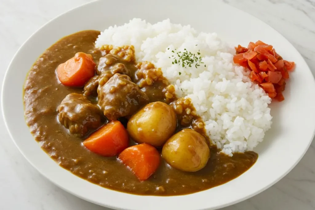 Curry japonais maison doré sur assiette blanche, sauce onctueuse avec bœuf tendre, légumes colorés et riz blanc, présentation appetissante