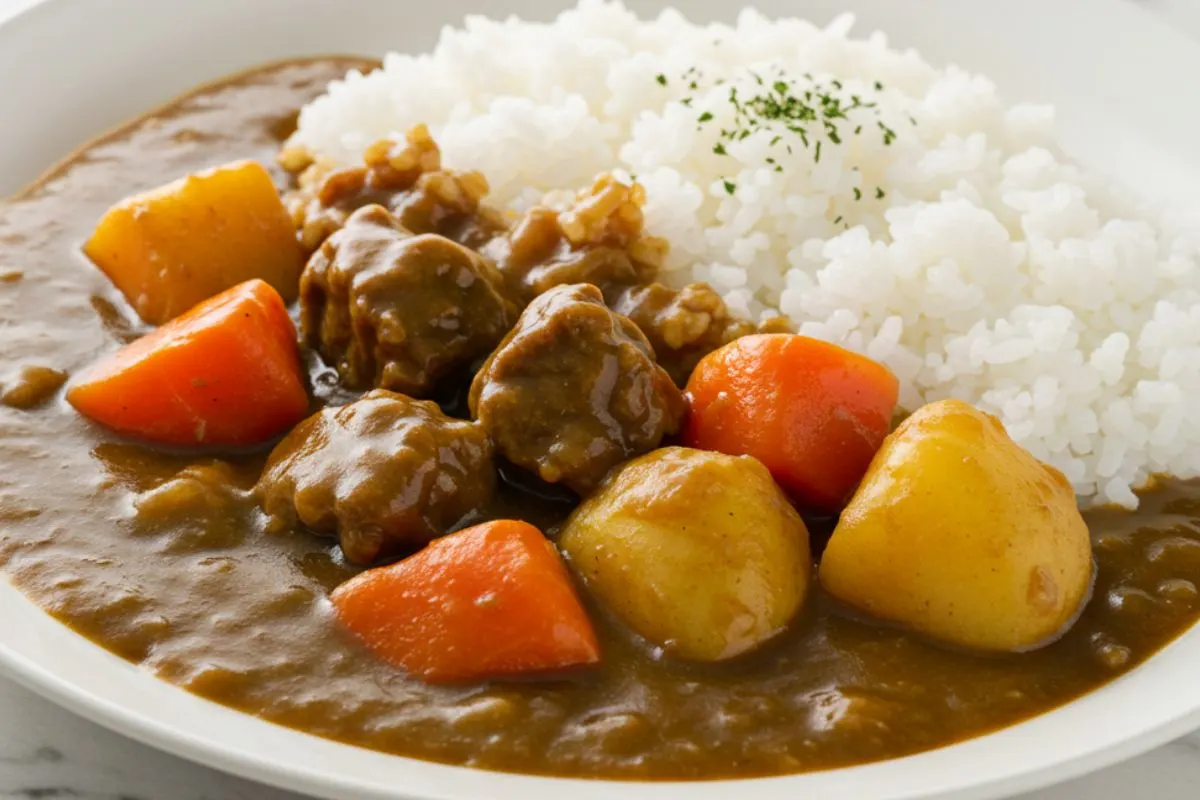 Curry japonais maison doré sur assiette blanche, sauce onctueuse avec bœuf tendre, légumes colorés et riz blanc, présentation appetissante