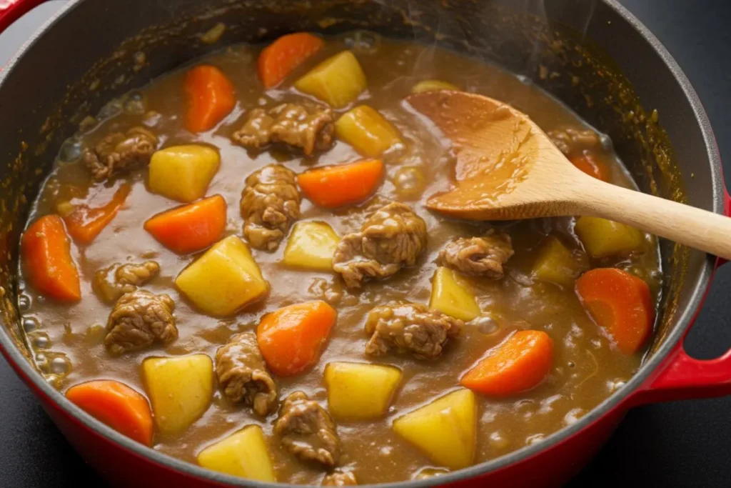 curry japonais dans une cocotte en fonte, sauce dorée bouillonnante avec bœuf et légumes, vapeur montante, cuisson maison
