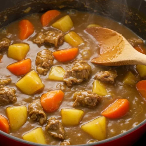 curry japonais dans une cocotte en fonte, sauce dorée bouillonnante avec bœuf et légumes, vapeur montante, cuisson maison