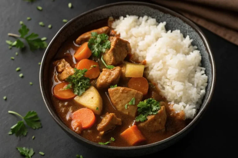 Assiette de curry japonais avec poulet, carottes et pommes de terre, servi avec du riz japonais sur une table sombre.