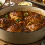 Une grande cocotte remplie de cuisse de poulet à la cocotte, mijotée dans une sauce savoureuse, servie sur une table chaleureuse avec du pain et des accompagnements.