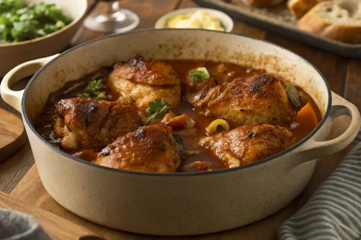 Une grande cocotte remplie de cuisse de poulet à la cocotte, mijotée dans une sauce savoureuse, servie sur une table chaleureuse avec du pain et des accompagnements.