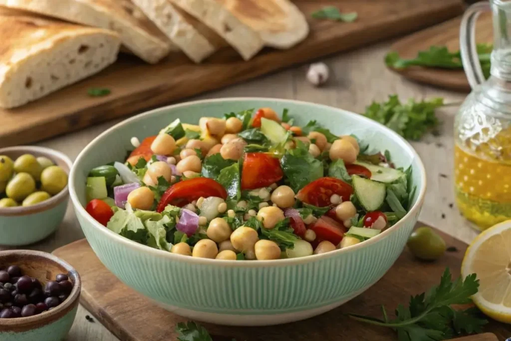 Préparation de la salade de pois chiches libanaise étape par étape, montrant des pois chiches cuits, des légumes coupés comme le concombre, la tomate et l'oignon rouge, et des herbes fraîches comme le persil et la menthe dans un bol coloré.